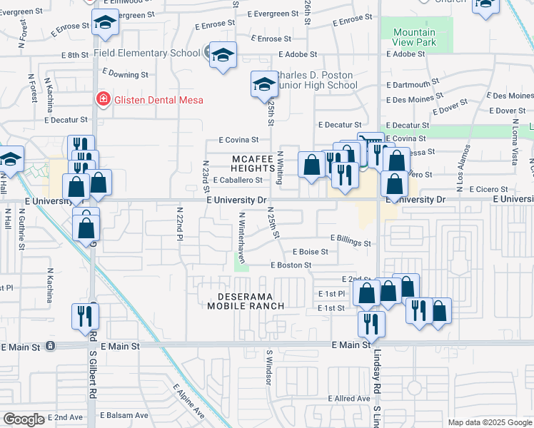 map of restaurants, bars, coffee shops, grocery stores, and more near 2518 East Butte Street in Mesa