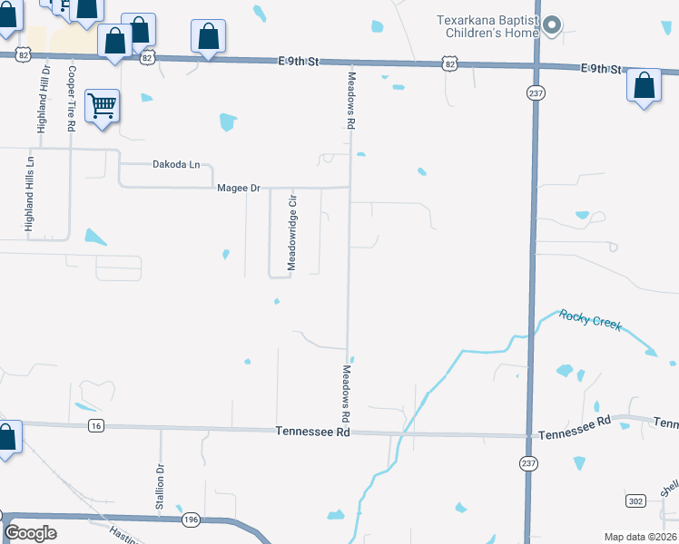 map of restaurants, bars, coffee shops, grocery stores, and more near 109 Meadows Road in Texarkana