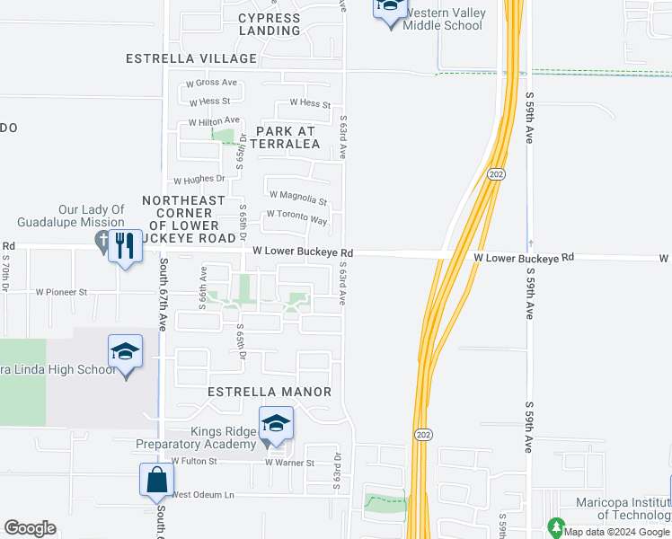 map of restaurants, bars, coffee shops, grocery stores, and more near 2821 South 63rd Drive in Phoenix