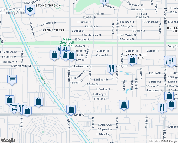 map of restaurants, bars, coffee shops, grocery stores, and more near 322 North 54th Street in Mesa