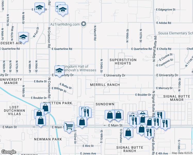 map of restaurants, bars, coffee shops, grocery stores, and more near 336 North 103rd Place in Apache Junction