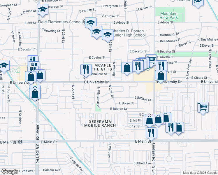 map of restaurants, bars, coffee shops, grocery stores, and more near 2518 East Butte Street in Mesa