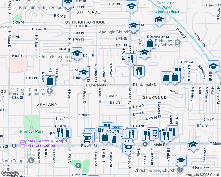 map of restaurants, bars, coffee shops, grocery stores, and more near 1045 East University Drive in Mesa