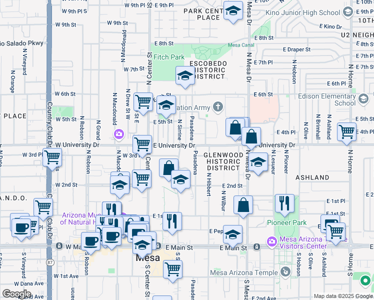 map of restaurants, bars, coffee shops, grocery stores, and more near 240 N Pasadena in Mesa