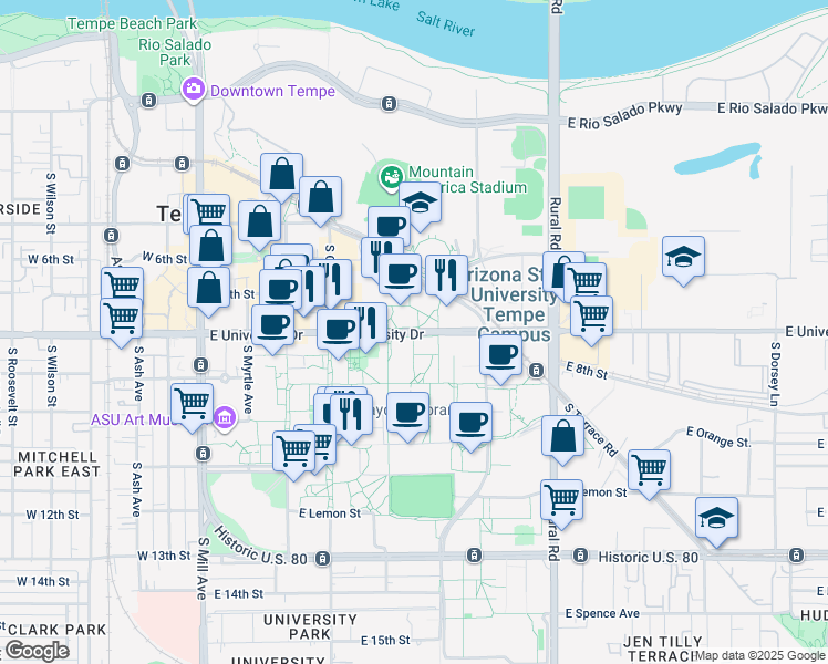 map of restaurants, bars, coffee shops, grocery stores, and more near in Tempe