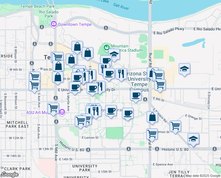 map of restaurants, bars, coffee shops, grocery stores, and more near in Tempe