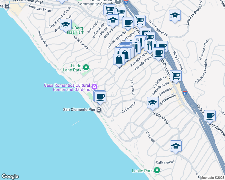 map of restaurants, bars, coffee shops, grocery stores, and more near 420 Avenida Santa Barbara in San Clemente