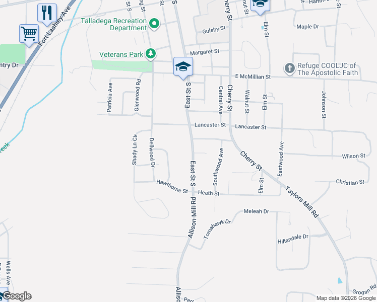 map of restaurants, bars, coffee shops, grocery stores, and more near 1010 East Street South in Talladega