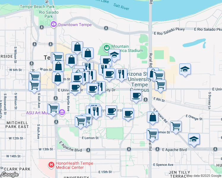 map of restaurants, bars, coffee shops, grocery stores, and more near 500 East University Drive in Tempe
