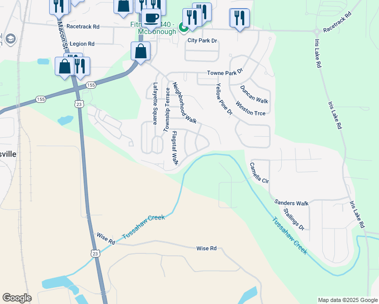 map of restaurants, bars, coffee shops, grocery stores, and more near 5165 Tussahaw Crossing in McDonough