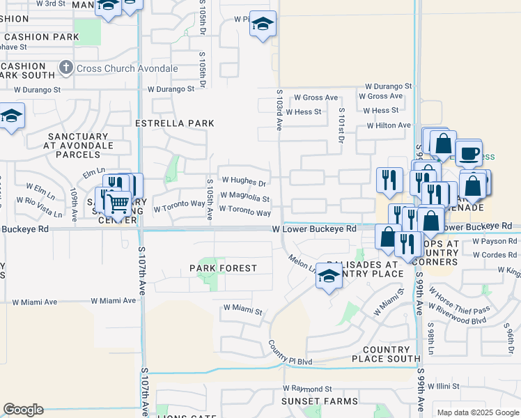 map of restaurants, bars, coffee shops, grocery stores, and more near 10333 West Toronto Way in Tolleson