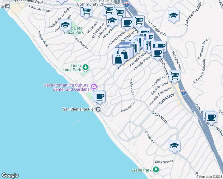 map of restaurants, bars, coffee shops, grocery stores, and more near 313 Acebo Lane in San Clemente