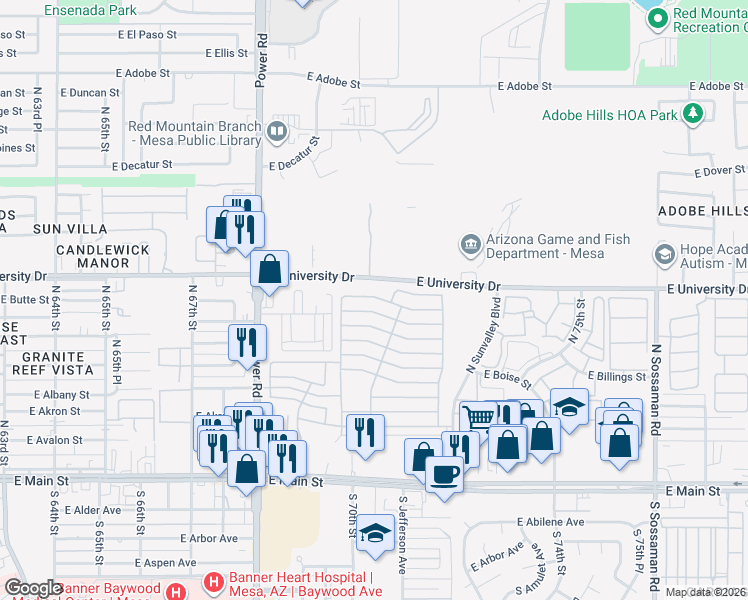 map of restaurants, bars, coffee shops, grocery stores, and more near E 8th Ave in Mesa