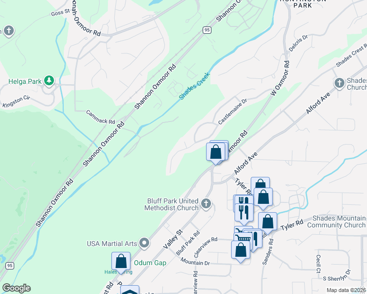 map of restaurants, bars, coffee shops, grocery stores, and more near 1117 Castlemaine Drive in Birmingham