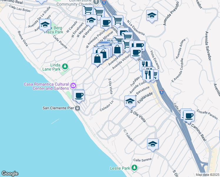 map of restaurants, bars, coffee shops, grocery stores, and more near 504 South Ola Vista in San Clemente