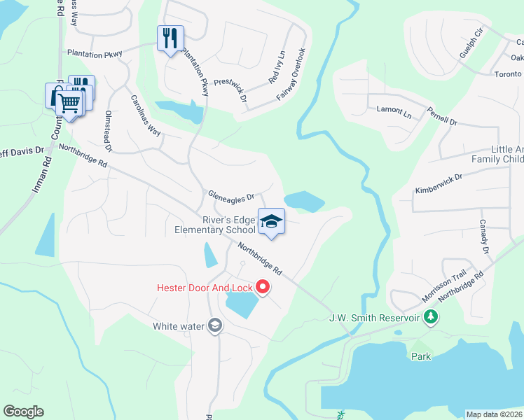 map of restaurants, bars, coffee shops, grocery stores, and more near 100 Gleneagles Way in Fayetteville