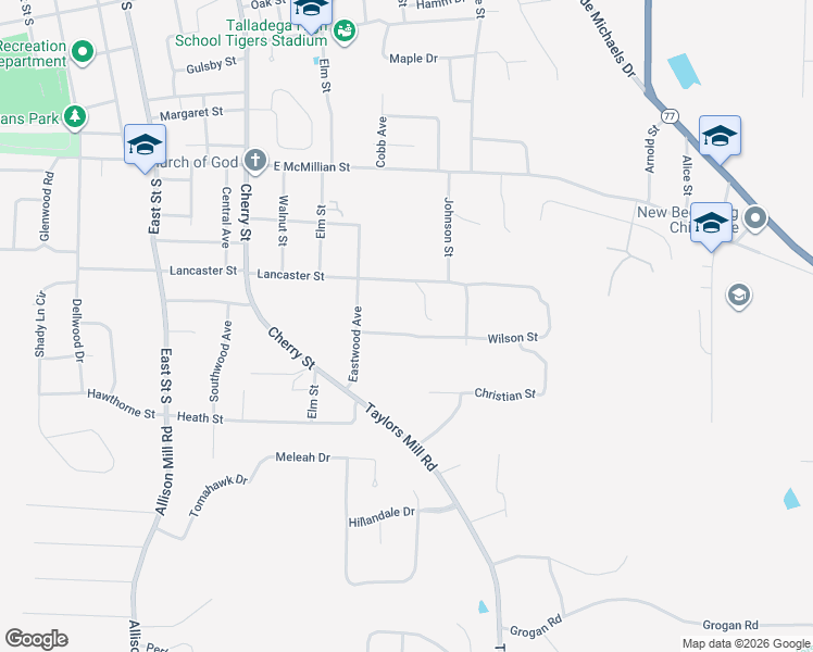 map of restaurants, bars, coffee shops, grocery stores, and more near 101 Wilson Street in Talladega