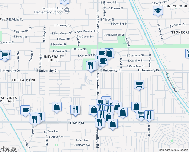 map of restaurants, bars, coffee shops, grocery stores, and more near 4355 East University Drive in Mesa