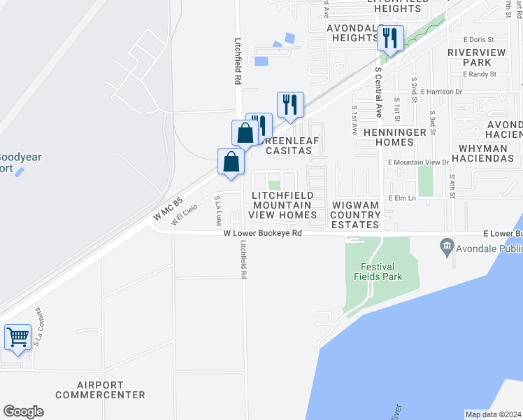 map of restaurants, bars, coffee shops, grocery stores, and more near 609 West Rio Vista Lane in Avondale