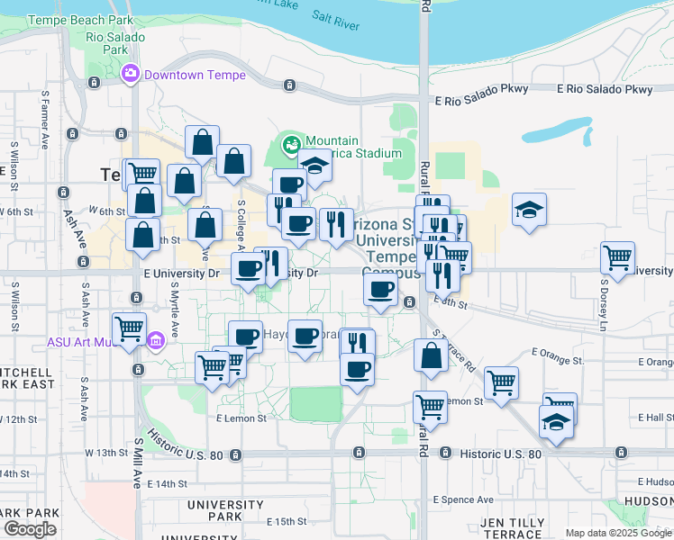 map of restaurants, bars, coffee shops, grocery stores, and more near 600 East University Drive in Tempe
