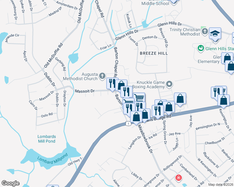 map of restaurants, bars, coffee shops, grocery stores, and more near 2714 Barton Chapel Road in Augusta