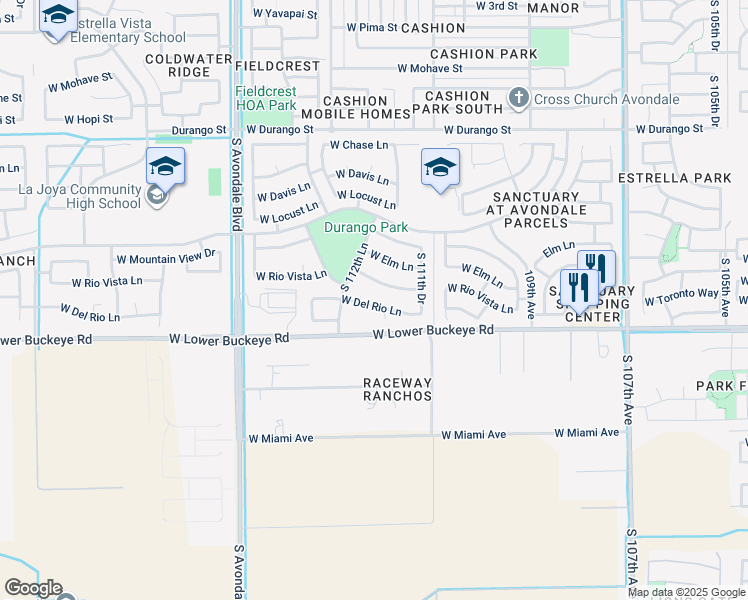 map of restaurants, bars, coffee shops, grocery stores, and more near 11218 West Del Rio Lane in Avondale