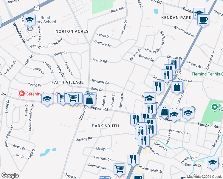 map of restaurants, bars, coffee shops, grocery stores, and more near 2211 Ruby Drive in Augusta