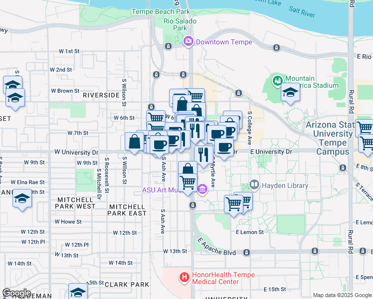 map of restaurants, bars, coffee shops, grocery stores, and more near 232 West University Drive in Tempe