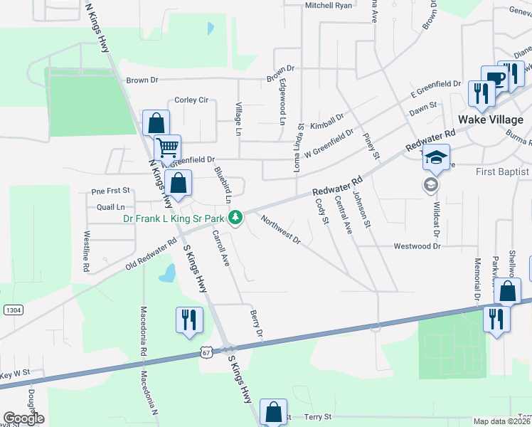 map of restaurants, bars, coffee shops, grocery stores, and more near 403 Tracey Avenue in Wake Village