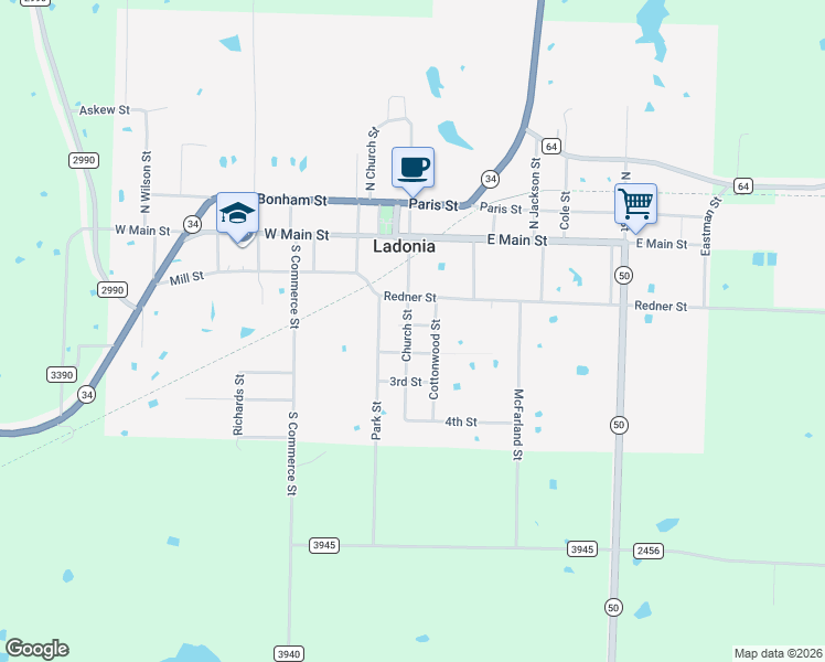 map of restaurants, bars, coffee shops, grocery stores, and more near 305 Church Street in Ladonia