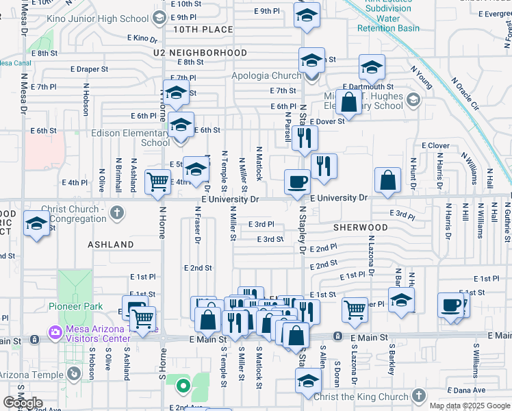 map of restaurants, bars, coffee shops, grocery stores, and more near 1045 East University Drive in Mesa