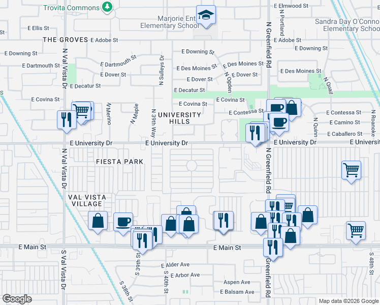 map of restaurants, bars, coffee shops, grocery stores, and more near 4065 East University Drive in Mesa