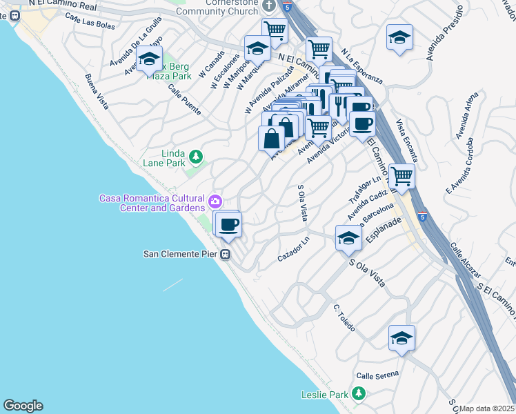 map of restaurants, bars, coffee shops, grocery stores, and more near 311 Acebo Lane in San Clemente