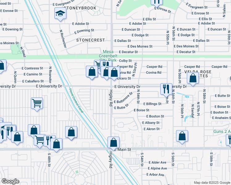 map of restaurants, bars, coffee shops, grocery stores, and more near 315 North Higley Road in Mesa