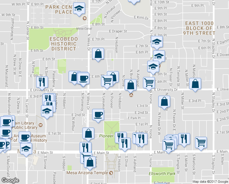 map of restaurants, bars, coffee shops, grocery stores, and more near 337 North Pioneer in Mesa