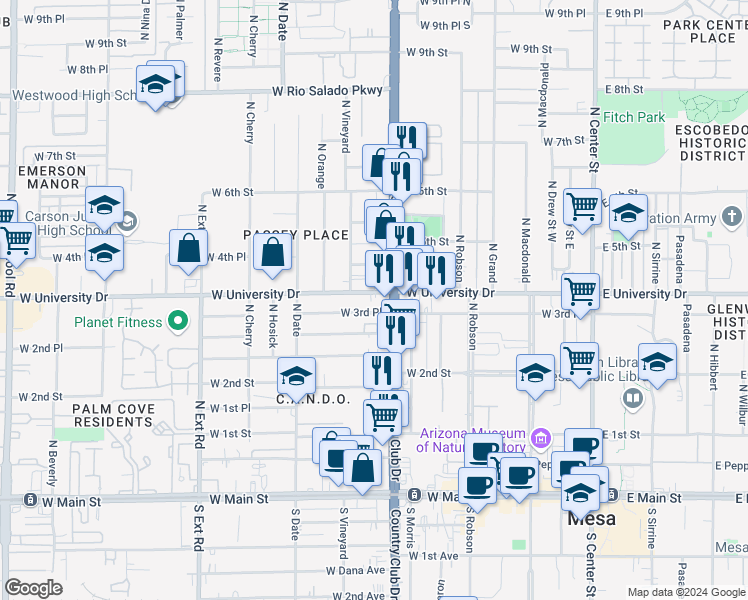 map of restaurants, bars, coffee shops, grocery stores, and more near 447 West 3rd Place in Mesa