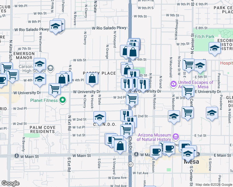 map of restaurants, bars, coffee shops, grocery stores, and more near 447 West 3rd Place in Mesa
