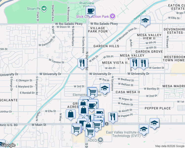 map of restaurants, bars, coffee shops, grocery stores, and more near 340 North Ironwood in Mesa