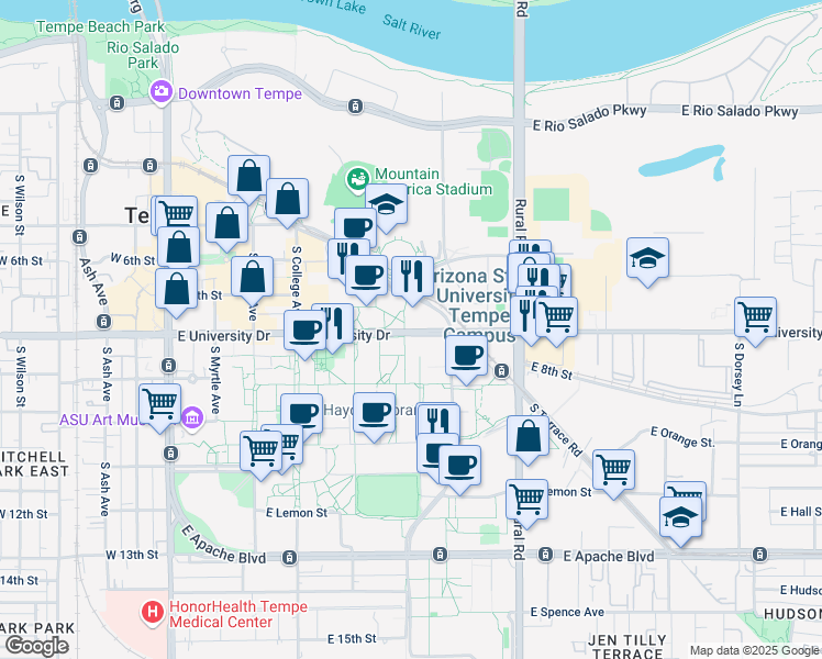 map of restaurants, bars, coffee shops, grocery stores, and more near 651 East University Drive in Tempe
