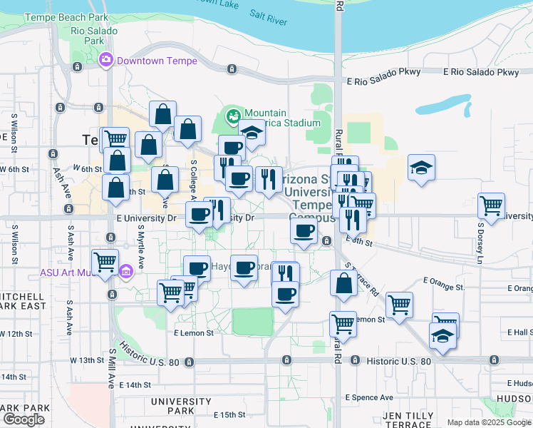 map of restaurants, bars, coffee shops, grocery stores, and more near 651 East University Drive in Tempe