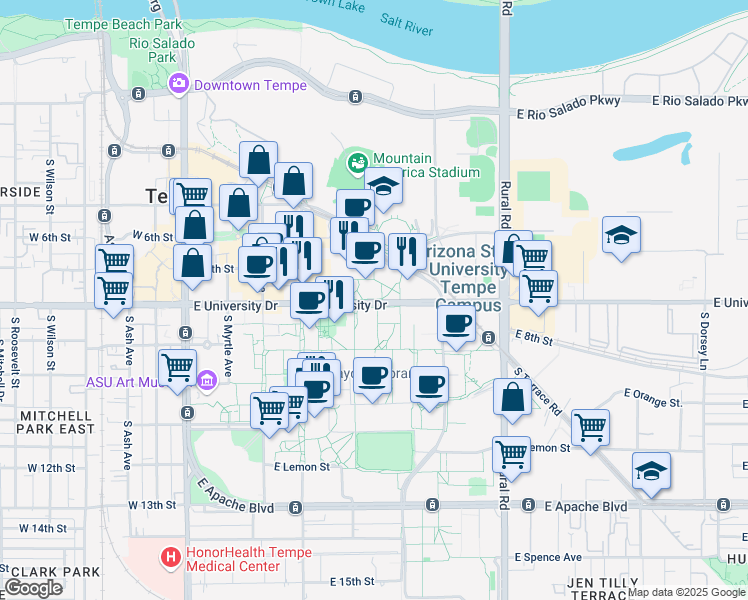 map of restaurants, bars, coffee shops, grocery stores, and more near in Tempe