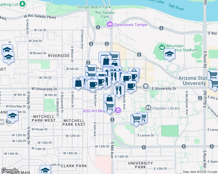map of restaurants, bars, coffee shops, grocery stores, and more near in Tempe