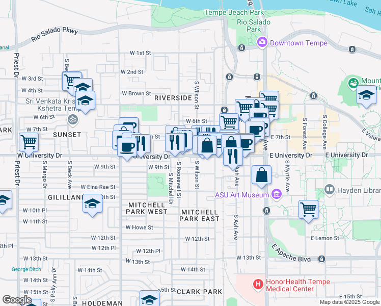 map of restaurants, bars, coffee shops, grocery stores, and more near 517 West University Drive in Tempe