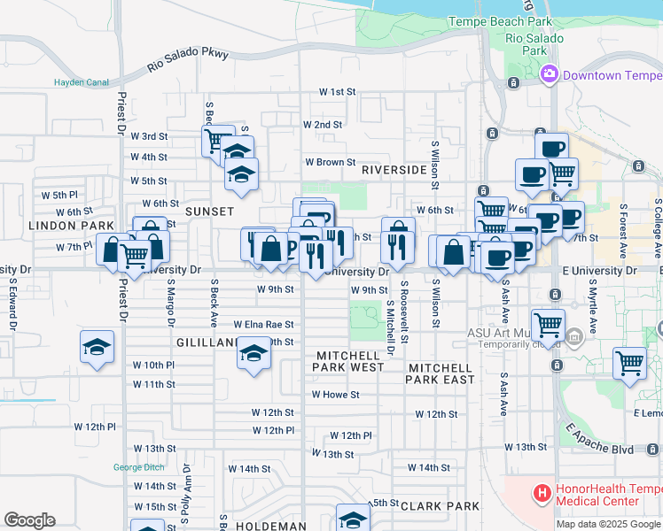 map of restaurants, bars, coffee shops, grocery stores, and more near 825 West University Drive in Tempe