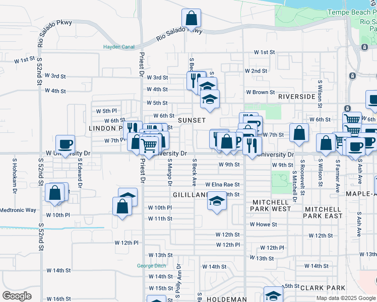 map of restaurants, bars, coffee shops, grocery stores, and more near 1211 West University Drive in Tempe