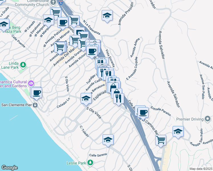 map of restaurants, bars, coffee shops, grocery stores, and more near 102 Esplanade in San Clemente