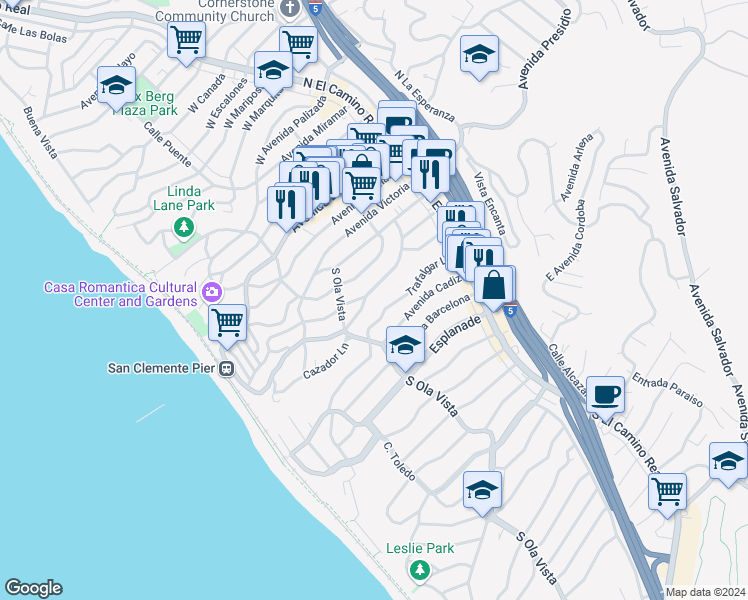 map of restaurants, bars, coffee shops, grocery stores, and more near 251 Avenida Madrid in San Clemente