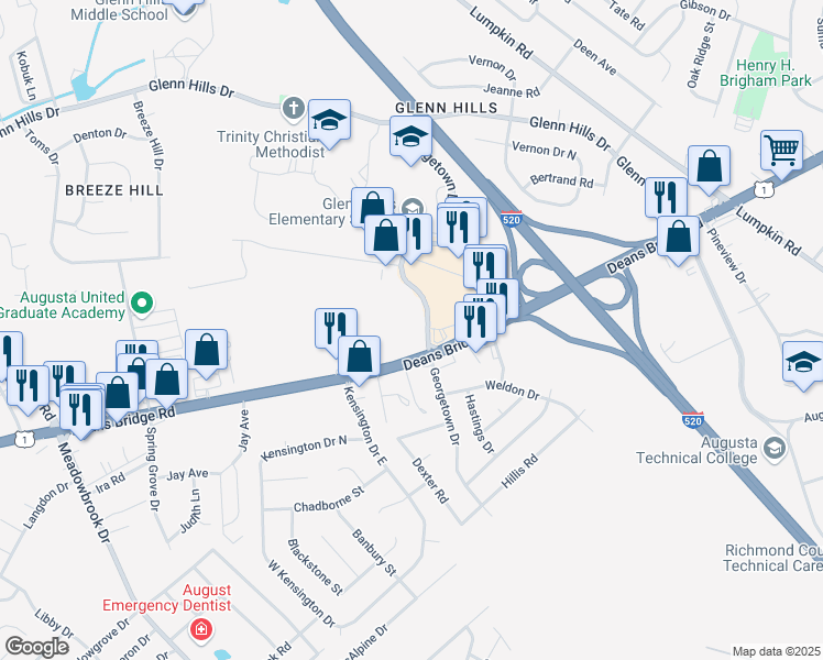 map of restaurants, bars, coffee shops, grocery stores, and more near 3235 Deans Bridge Road in Augusta