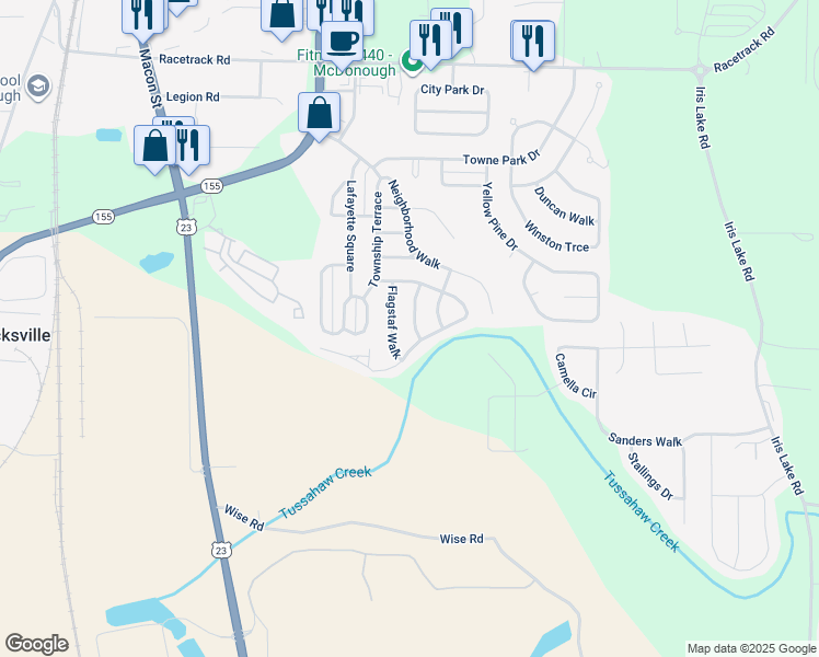 map of restaurants, bars, coffee shops, grocery stores, and more near 4115 Mission Way in McDonough