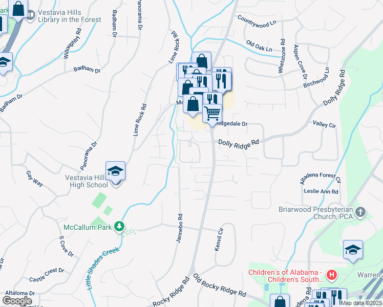 map of restaurants, bars, coffee shops, grocery stores, and more near 2470 Rocky Ridge Road in Birmingham